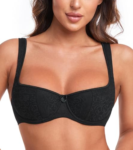 HACI Women's Sexy Balconette Bra Demi Half Cup Scoop Neck Push Up Lightly Padded Shelf Underwire Low Cut, Black, 38C