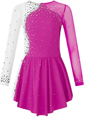 Aislor Tanzkleid Mädchen Pailletten Eiskunstlauf Kleid Kinder Langarm Ballettkleid Tanztrikot mit Rock Kleider Gymnastikanzug Wettbewerb Tanz Kostüme W Rose 158-164