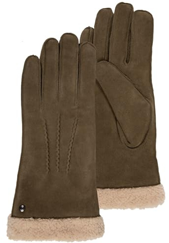 Isotoner Gants femme en cuir de chèvre velours, doublés en imitation fourrure, 7=S, olive