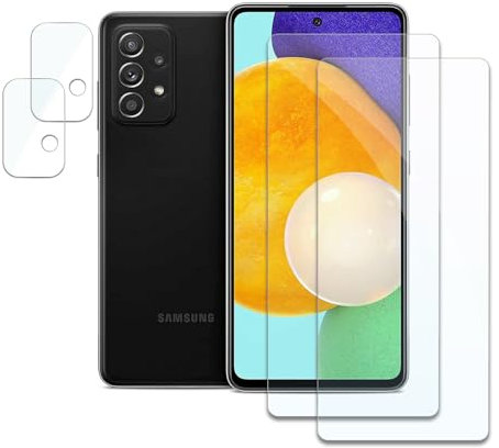 Schutzfolie für Samsung Galaxy A52, 2 x Gehärtetes Glas Displayschutz und 2 x Kameraschutz, Panzer Schutz Glas, HD Displayschutzfolie, 9H Härte, Hat Keinen Einfluss auf die Hülle, Anti-Kratzen