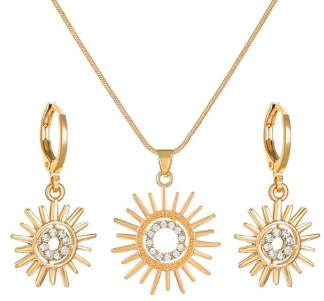 FDEETY Sonnenstrahl Schmuckset Goldfarben Halskette Ohrringe Anhänger Damen Schmuck Eleganter Strahlenkranz Sonnenform