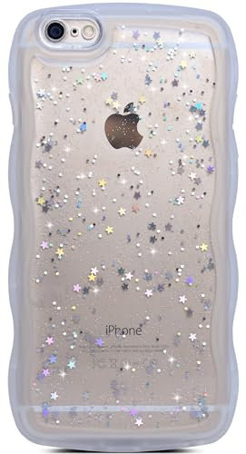 Qokey for iPhone 6S Plus Case,for iPhone 6 Plus Case 5.5,Curly Wavy Transparent Bling Glitter Star Shiny Cute Clear Transparent Full Protection Soft TPU Shockproof Cover for Women Girls,Clear