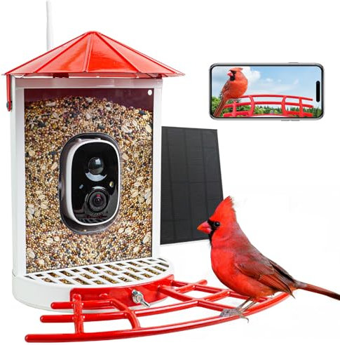 Smart Bird Feeder with Camera Solar, Auto Capture Bird Videos & Motion Detection, Birds Watching Camera Notify in Time, Metal Birds Feeder with Seed Guard, Ideal Present for Mom (Red)