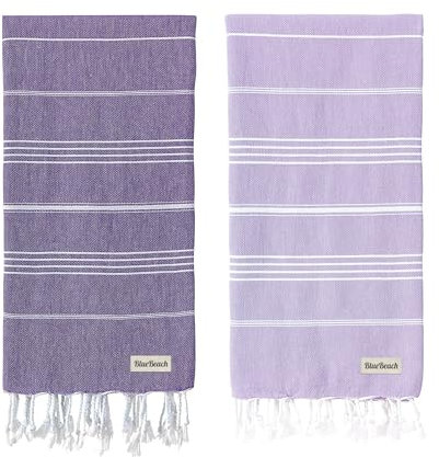 Blue Beach Turkish Towel - Set of 2-100x180cm Large Turkish Hammam Peshtemal Towel - Super Absorbent, Quick Dry, Lightweight, Compact Towels for Swimming, Bath, Gym and Travel (Lilac + Purple)