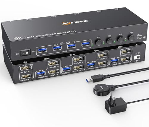 DP KVM Switch 4 Computer 2 Monitore, KCEVE Displayport USB 3.0 KVM-Umschalter für zwei Monitore, unterstützt 4K@60 Hz für 4 DP-Computer, die sich 2 DP-Monitore, Tastatur und Maus teilen
