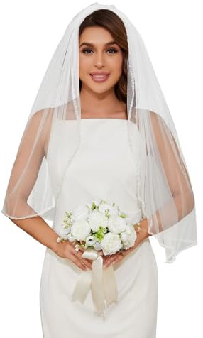 Grettytling Hochzeitsschleier, Perlen und Kristalle, Perlenrand, 1 Etage, weicher Tüll, Fingerspitzenlänge, Brautschleier mit Kamm, Weiß, Länge: 78,7 cm, Medium