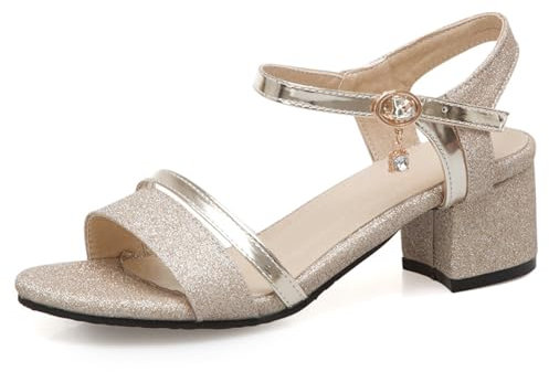 OALEEN Sandales Nu-pieds Femme Eté Confort Talon Carré Paillettes Bride Cheville Chaussures Ouverte Soirée Mariage Dorée 39