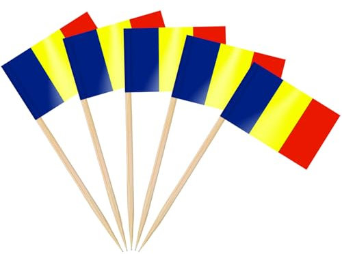AhfuLife 200 Stück Rumänien Zahnstocher Flaggen, RUMÄNISCHE Deko Fahne Klein Mini Zahnstocher für 2025 EM Euro Eurovision Song Contest Olympische Cupcake Topper Toothpick Cocktail Partydeko Pub Deko