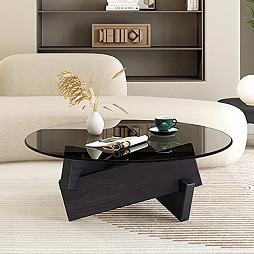 Generic Table Basse Moderne Table Basse Ronde Table d'extrémité en Verre épaissi avec Base en Bois Table Centrale Table Basse en Verre (Gris-Noir-Diamètre 31,5 Pouces)