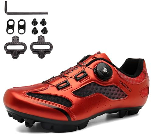 SDEQA Fahrradschuhe MTB Herren Damen, Radschuhe Mountainbike Schuhe Sneaker Kompatibel Mit SPD 2 Schrauben Mit Cleats Outdoor-Fahrrad Indoor Schuhe mit Schnalle,Rot,37 EU