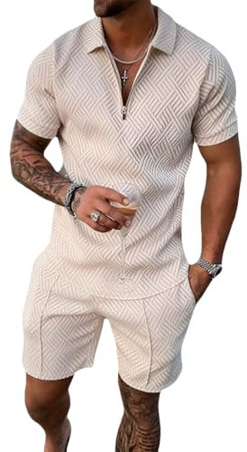 amropi Herren Sportanzug Sommer Trainingsanzug Kurzarm Reißverschluss Top und Shorts Kleidung Set Khaki, S