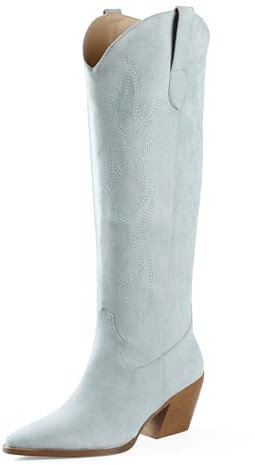 iiimmu Stivali da cowgirl da donna, stivali alti al ginocchio, a punta e tacco a blocco, stivali da cowboy in pelle scamosciata con ricamo, Azzurro chiaro, 41 EU