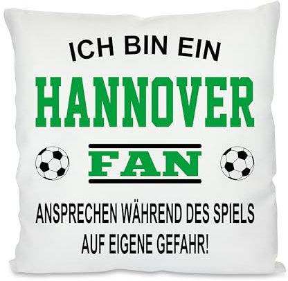 Fussball Kissen | Ich bin ein Hannover Fan - Ansprechen während des Spiels auf eigene Gefahr | Dekokissen für Fußballfans | Hülle und Füllung | 40cm x 40cm | mit Wunschtext auf der Rückseite