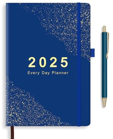 BELIAYAS Terminkalender 2025 A5, Terminplaner Softcover mit PU-Leder, 12-Monate-Kalender (Jan.2025-Dez.2025) mit 1pcs Schwarzer Kugelschreiber(1.0mm), 3 Seiten für 1 Woche, 156 Seiten, Blau