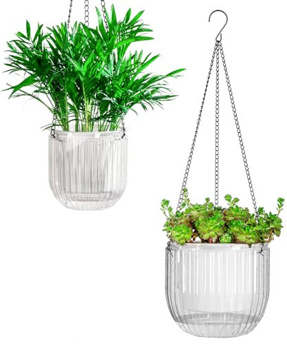 Josteve 5.3/8.2 Inch Self Watering Hanging Planter Indoor Plant Pots with Drainage Holes, Outdoor Small Hanging Planters Flower Pot Basket, Visible Water Level, Plant Hanger Home Decor, Gardening
