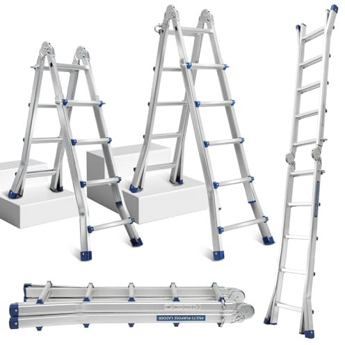 Lospitch Mehrzweckleiter, 402cm 4x4 Sprossen 3 in 1 Aluleiter Teleskopleiter Multifunktionsleiter, Einstellbar Rutschfester, Klappleiter, Anlegeleiter, Belastbar bis 150 kg