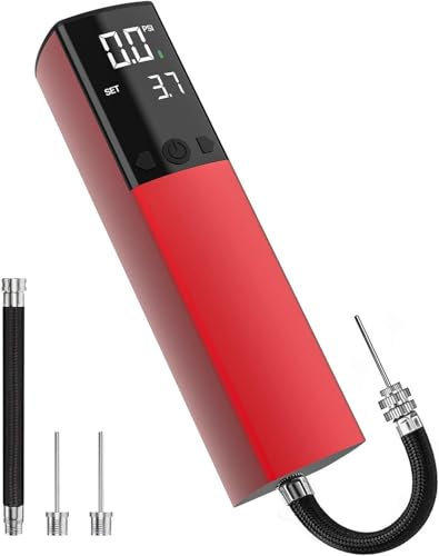 Elektrische Ballpumpe, Intelligente Luftpumpe, Tragbar, Schnelles Aufpumpen des Balls mit Präzisem Manometer und Digitalem LCD-Display für Fußball, Basketball (2 Nadeln und 1 Düse) Rot