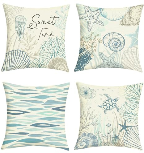 Joymaison Kissenbezüge 40x40 4er Set Sommer Meeresschildkröte Muschel Ozean | Deko Kissenhülle Blau Weiß Nautisch Seestern Koralle für Geschenk Dekorative Kissenbezug Kissen für Couch Sofa