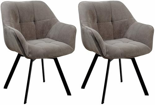 CLP Esszimmerstuhl 2er Set ergonomisch Jordi Cord, drehbar mit Armlehnen, Polstersessel, 4-Fuß-Metallgestell, bis 150 kg, mit Bodenschonern, Farbe:braun