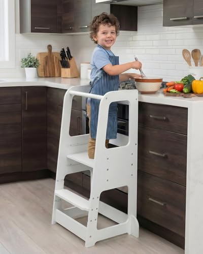 Xubby Lullza Lernturm höhenverstellbar aus Holz – Montessori Learning Tower ab 18 Monaten, Tritthocker für Küche, Arbeitsplatte & Waschbecken, mitwachsender Kindertritt – Weiß