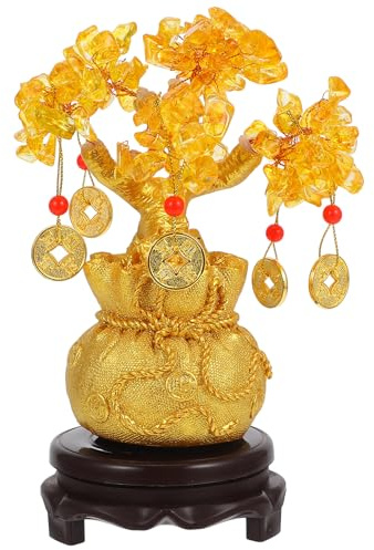 Crystal Money Tree Ornament: Chinese New Year Decorations 2026 Feng Shui Ornaments Chinese Money Crystal Bonsai Tree Indoor for Wealth and Luck Home Decoration with Coins Base and Knot Amulet