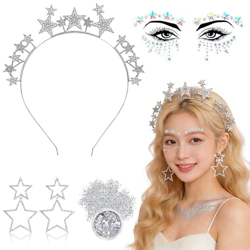 Sterne Haarreif Silber Karneval Glitzer Stern Kopfschmuck ,Sterne Stirnband Haarreifen Accessoires mit Stern Ohrringe Gesichtstattoo,Sternen Haarschmuck für Fasching Karneval Geburtstag Damen MäDchen