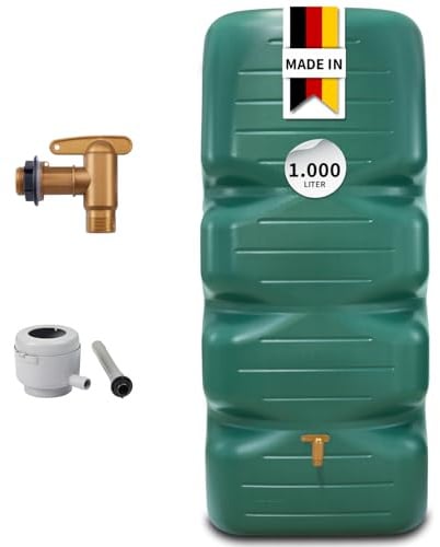 CUBUS Regentonne Komplett-Set 1000 L, dunkelgrün, Stabiler Wassertank | Regenfass für Garten, UV-beständiger Regenwassertank mit Hahn, Deckel & Anschluss, platzsparender Gartentank