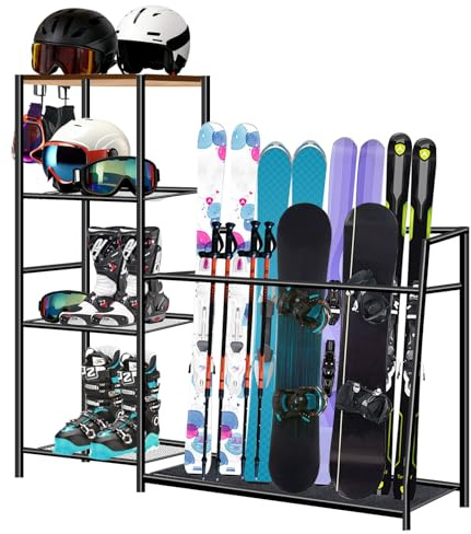 Timisea Freistehender Skiträger für Garage, freistehender Ski-Ausrüstungs-Organizer, Snowboard-Stiefel, Garage, Ausrüstung, Aufbewahrung, Metall-Ski-Halter für Stöcke, Skischuhbrillen und Ausrüstung
