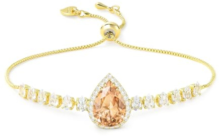 Linawe Crystal Imitation Diamond Rhinestone Charm Bracelets for Women, Gold/Silver/Rose Gold Adjustable Chain Bracelet, Teardrop Birthstone Cubic Zirconia Prom Costume Wedding Jewellery