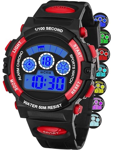 DTKID Digitale Kinderuhr Jungen Mädchen | 7-Farben-LED, Leicht zu lesenArmbanduhr Kinder mit Wecker, Stoppuhr, Datum, 5 ATM wasserdichte Outdoor Sportuhr Kinder Uhren