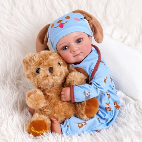 BABESIDE Muñeca Bebé Realista de 43 cm, Bebé Realista de Cuerpo Blando con Ojos Azules, Conjunto y Accesorios de Alimentación, para Niños de 3+ Años, Juego de Imitación y Colección
