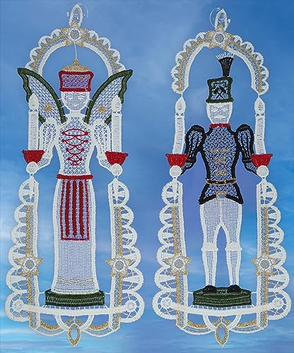 Fensterbilder Set Weihnachten Spitze Fensterdekoration Bergmann und Engel Farbig 14 x 34 cm