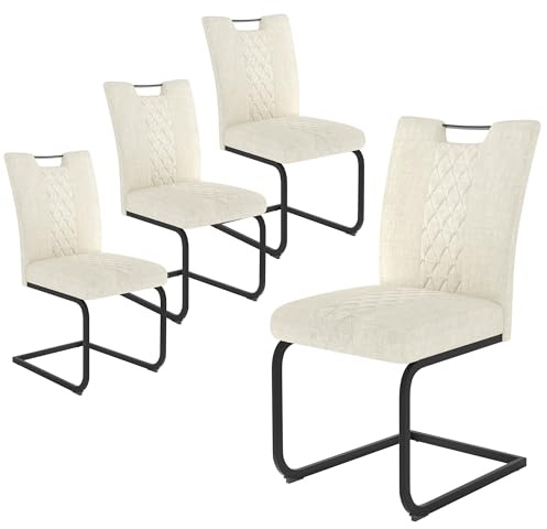 JIEXI Freischwinger Esszimmerstühle 4er Set – Schwingstuhl Stuhl Mit Stoffbezug, Gesteppter Rückenlehne & Metallgestell, Küchenstuhl/Essstuhl Modern, Bequem & Stabil (4 Beige Stühle)