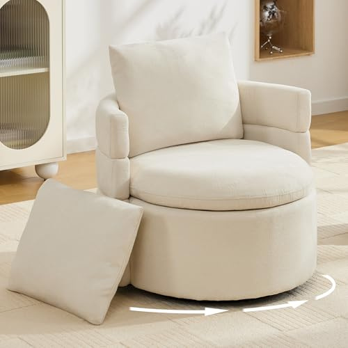 DEKKETO Sessel 360° Drehbar mit Stauraum, Drehsessel für Wohnzimmer, Beige | Relaxsessel aus Chenille, Polstersessel mit Geräumiger Sitzfläche und Zwei Kissen, Gemütlicher Sessel für Schlafzimmer