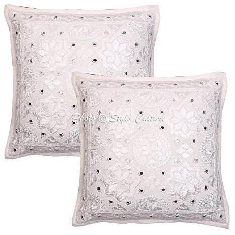 Stylo Culture Bohemio Fundas De Almohadones Decorativa 40x40 cm Algodón Espejado Forros para Cojines Sofa Blanco 16x16 Inch Bordado Cuadrado sobre Fundas para Cojines De Cama - 2 Pcs