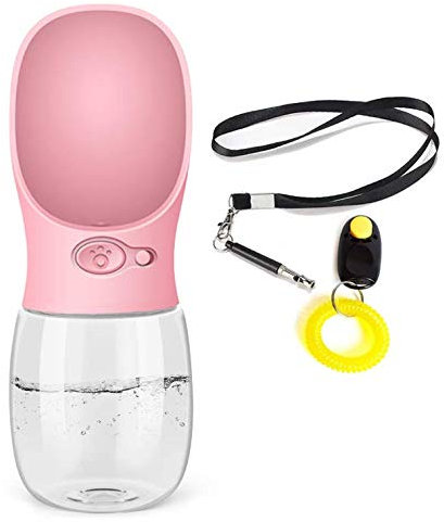 AcserGery Hunde Wasserflasche, 350ml BPA Hund Trinkflasche mit Senden Pfeife und Hundetrainer (Pink)