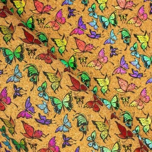 50 cm x 70 cm Holografische bunte Schmetterlinge 100% veganer, natürlicher bedruckter Korkstoff aus Portugal langlebig, flexibel leicht zu nähen, ohne Tierversuche zu machen, für Taschen, Schneidern,