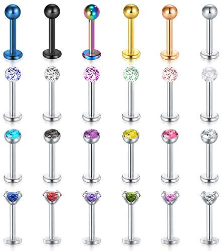 LAURITAMI 24Pcs Acciaio Inossidabile Piercing Lèvre Goujons Studs Bars Anneaux Diamond CZ Labret Tragus Ring Helix Boucle d'oreille Screw Corps Bijoux Piercing Retainer 16 G