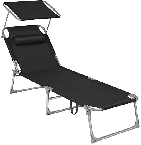 SONGMICS Sonnenliege, klappbarer Liegestuhl, 193 x 53 x 29 cm, trägt bis zu 150 kg, Sonnenschutz, Kopfkissen, verstellbare Rückenlehne, für Garten, Pool, Terrasse, schwarz GCB192B01