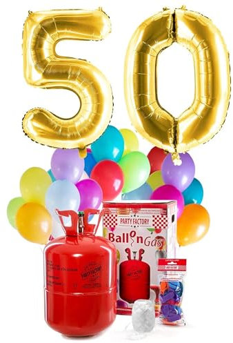 Party Factory – Helium Gasflasche 400L Komplett Set mit XXL Zahlenballon 50 Gold – Partydeko Ballongas Flasche mit Folienballon, 30 Latexballons & 40m Ballonschnur – Für Geburtstage & Feiern