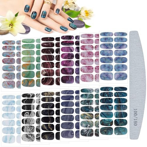 Kalolary Nail Art Polish Wraps Stickers Strips - 12 Sheets Marble Full Wraps Self-Adhesive Decal Strips With Nail File Tool for Women Girls DIY