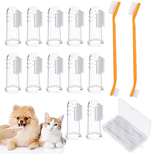 TGFIX 14TLG Haustier Zahnbürste Set Hundezahnbürste Zahnreiniger 12 Weiche Silikon Fingerzahnbürste mit 2 Langem Griff Zahn Bürste Pet Toothbrush Zahnpflege Zähne Putzen für Hund und Katze