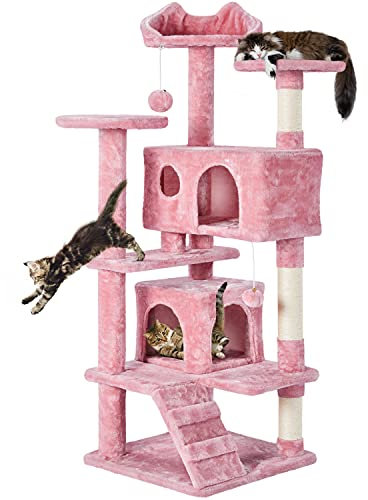 Yaheetech Albero Tiragraffi per Gatti 137 cm con 2 Palle Sisal Naturale Giocattolo Gioco Rosa