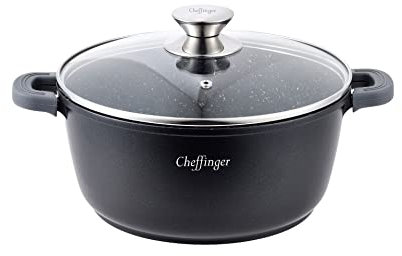 Cheffinger Casserole en fonte d'aluminium avec couvercle en verre à induction Revêtement marbre Ø 36 cm