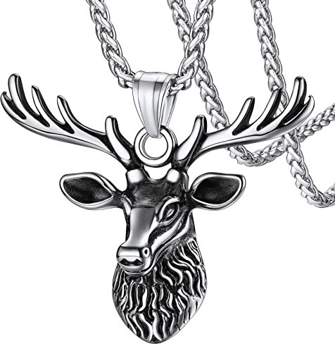 FaithHeart Edelstahl Hirsch Kette，Punk Stil Wikinger Hirsch Anhänger Kette，Punk Retro Tratenschmuck mit 55cm Weizenkette für Geburtstag Valentinstag