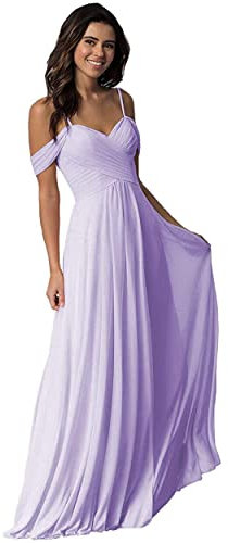 WTWVIAN Donne A-Line fuori dalla spalla pavimento-lunghezza chiffon con volant abito da sposa damigella d'onore, Lilla, 46