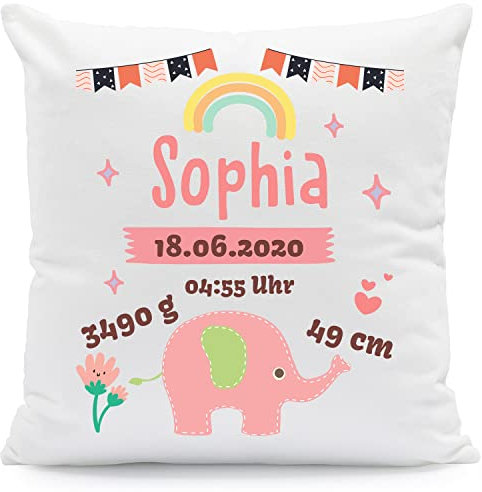 GRAVURZEILE Kissen mit Motiv - Babydaten und Elefant - Personalisierbar mit Name Datum Größe Gewicht des Kindes - Geschenk für Mama Papa Eltern - Geschenk zur Geburt Babyparty - Farbe: Rosa