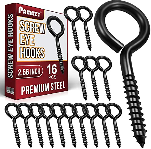 PAMAZY 2.56” Heavy Duty Screw Eye Hooks, 16Pcs Self-Tapping Eyelet Screw-in | Black Steel 100LBS Breaking Strength Screw Eye Bolts, Screw-in Eye Hooks for Wood Securing Cables Wire, Indoor & Outdoor Uses