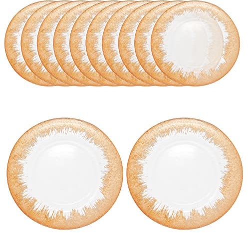 WedDecor 33cm Round Charger Plate, Set of 12 Charger Plates, for Centerpiece Presentation Dinner Plate Set, Weddings, Banquets, Christmas Parties Table Decorations, Clear Glass with Copper Trim