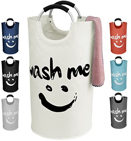 IHOMAGIC Laundry Hamper with Smiley 115L, Foldable Laundry Basket with Alloy Carrying Handle, Oxford Fabric Organiser Bin for Storage Clothes Toys, Portable Basket for Living room, Utility room, Beige